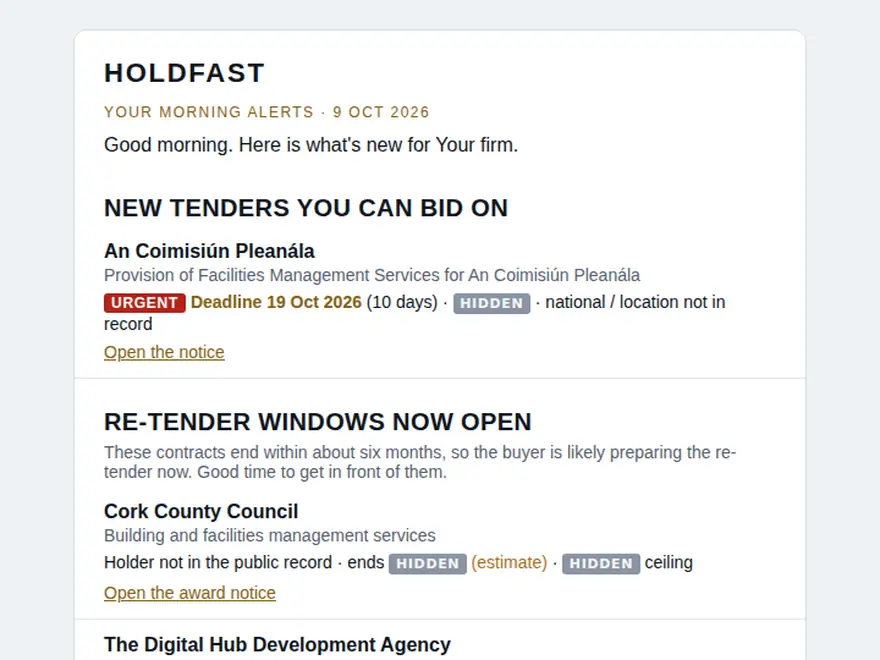A Holdfast morning alert email: a new tender with its buyer and deadline, then re-tender windows now open; values, holders and end dates hidden.