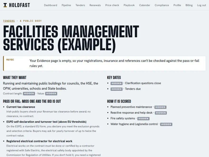An example Explain This Tender page: a Maybe bid verdict, what the buyer wants, key dates, pass-or-fail rules and how it is scored; dates, value and weights hidden.
